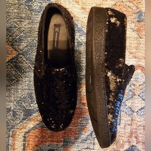 Black and gold sequin loafers men's